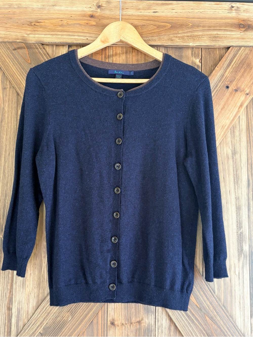 Boden Heather Navy Cardigan Sweater with Brown Buttons/Trim. Size 14